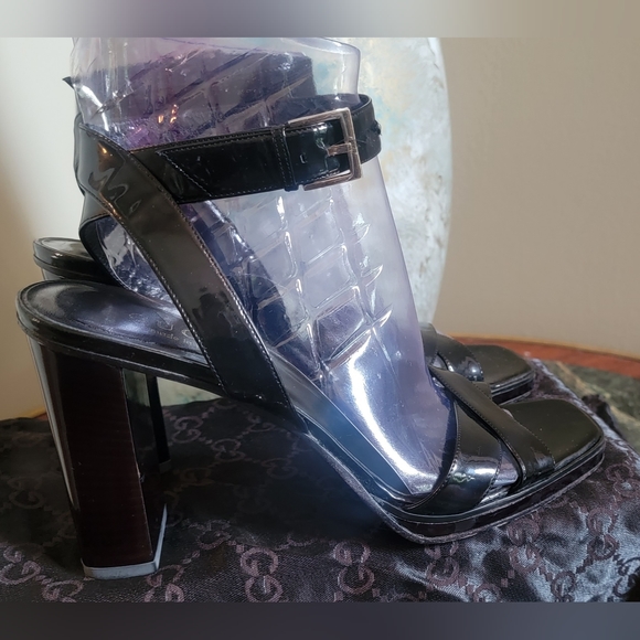 VINTAGE GUCCI TOM FORD BLACK PATENT LEATHER STRAPPY SANDALS 4" HEELS 9B - Picture 9 of 13